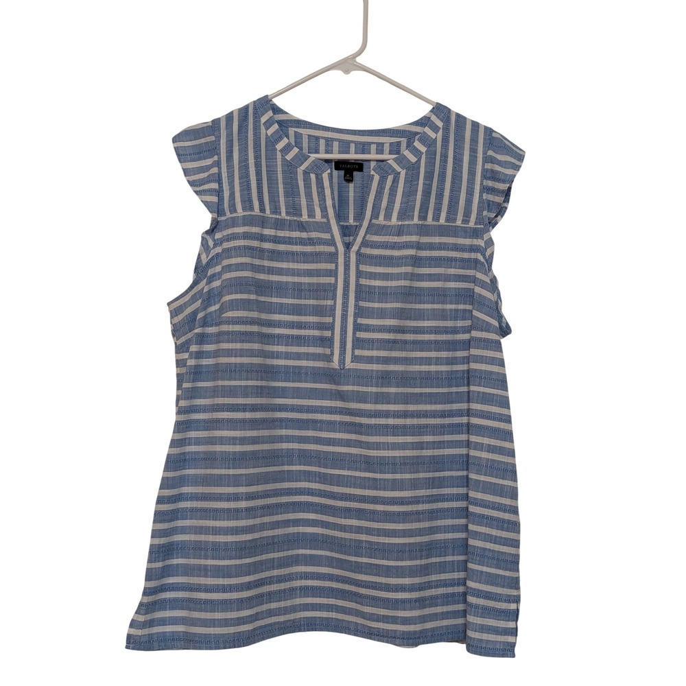 Talbots Womens XL Blue White Striped Flutter Sleeve Split V-Neck Top